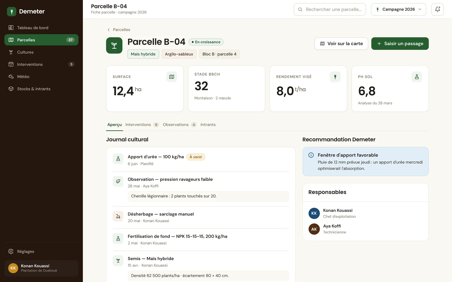 Fiche parcelle avec journal cultural, recommandation Demeter et responsables